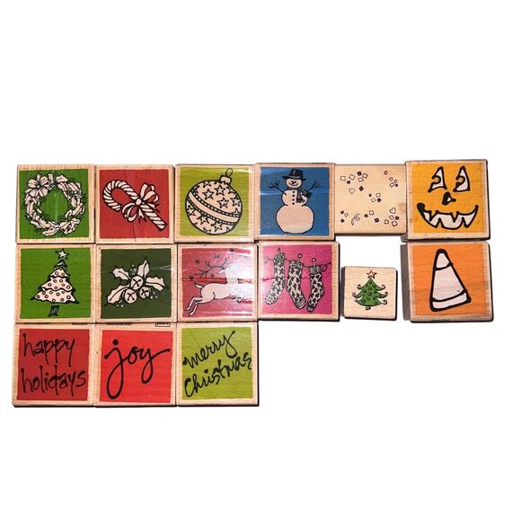 Village Arts Press Holiday 15 Piece Wood Mount Rubber Stamp Craft Set 2.5 inch - Picture 1 of 9